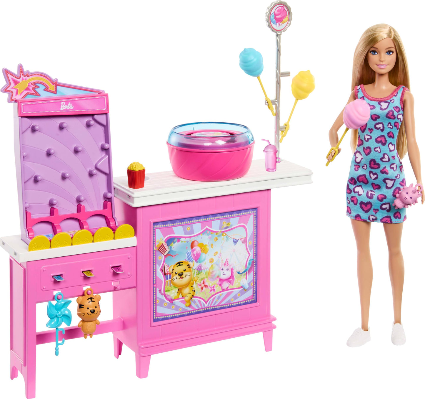 Barbie Malibu Beach Detectives doll with game booth playset and cotton candy, featuring 20 accessories and prizes.