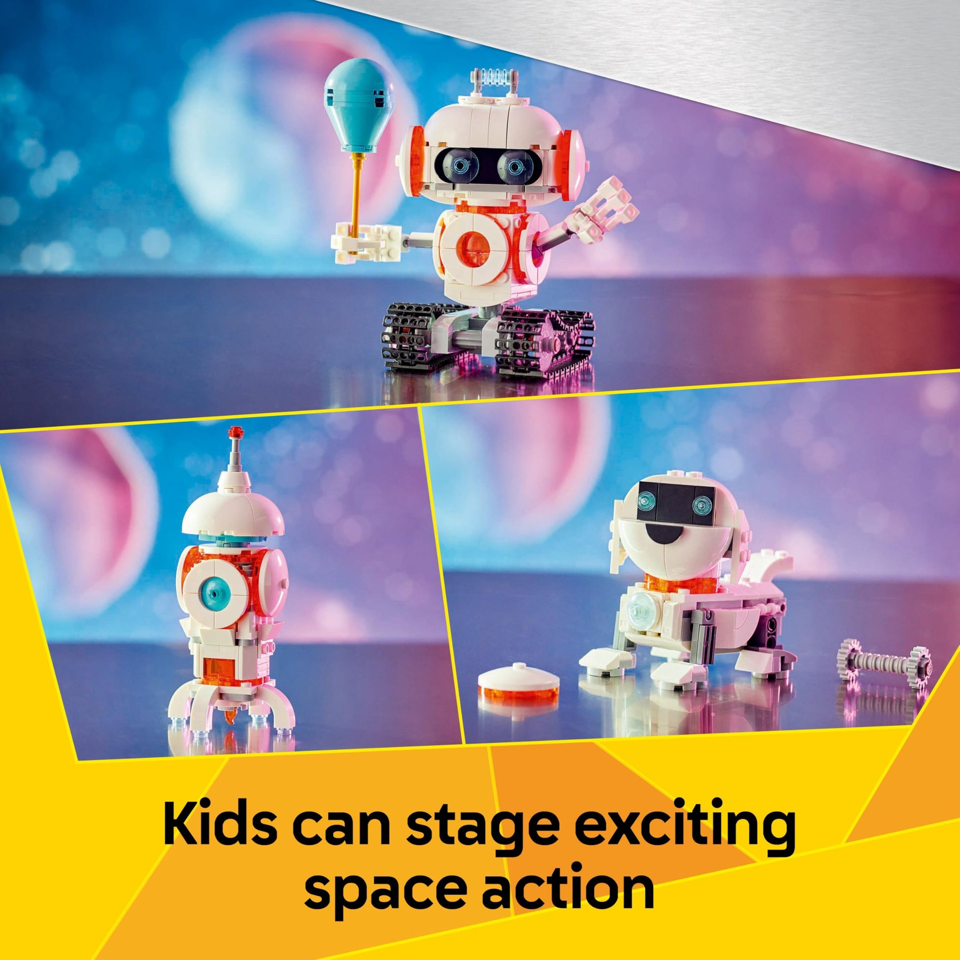 LEGO Creator 3in1 Space Robot toy building set, showcasing robot, dog figure, and rocket model for kids aged 8 and up.