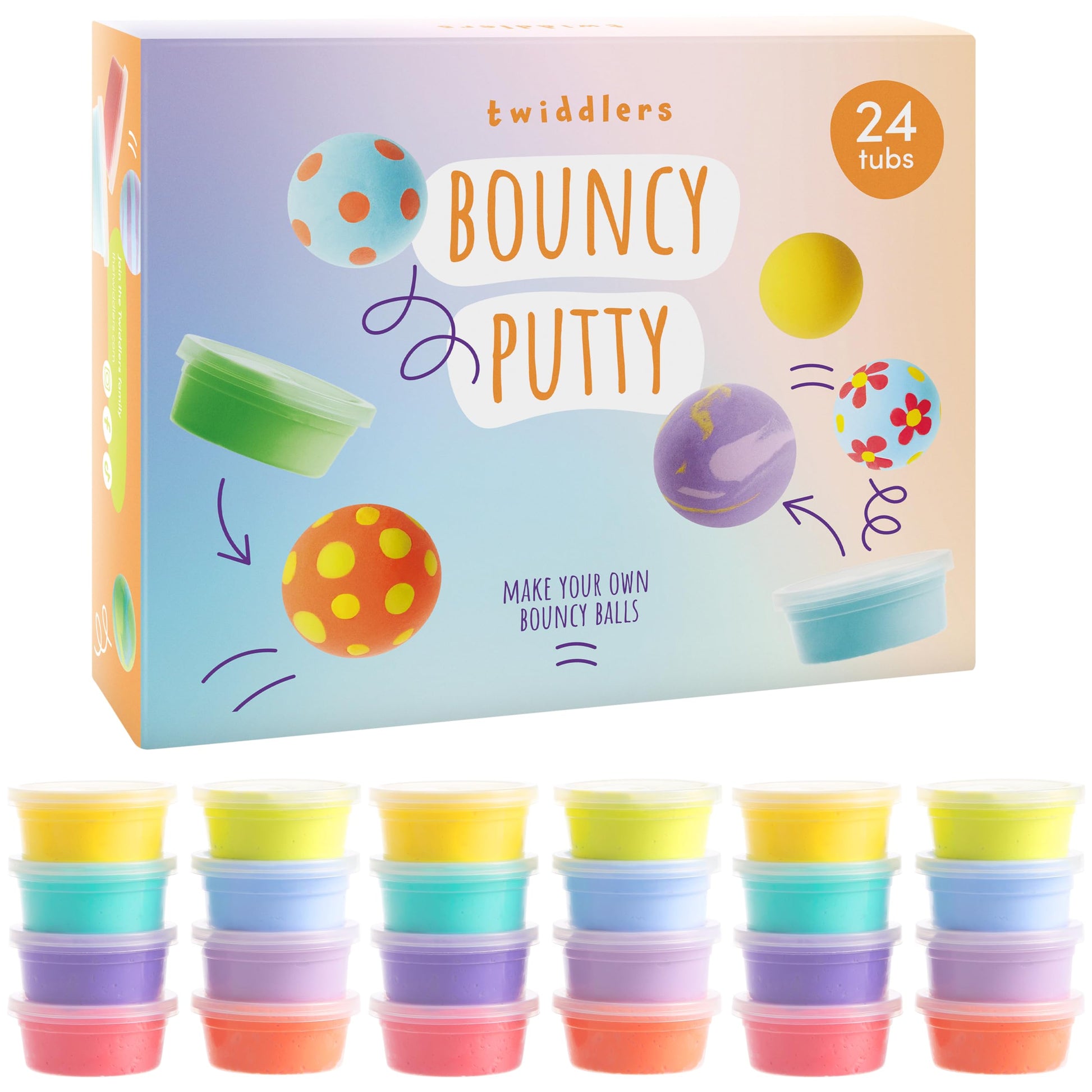 Colorful bouncing slime putty tubs by THE TWIDDLERS, featuring vibrant slime in multiple pots, perfect for kids' party fillers and fidget toys.