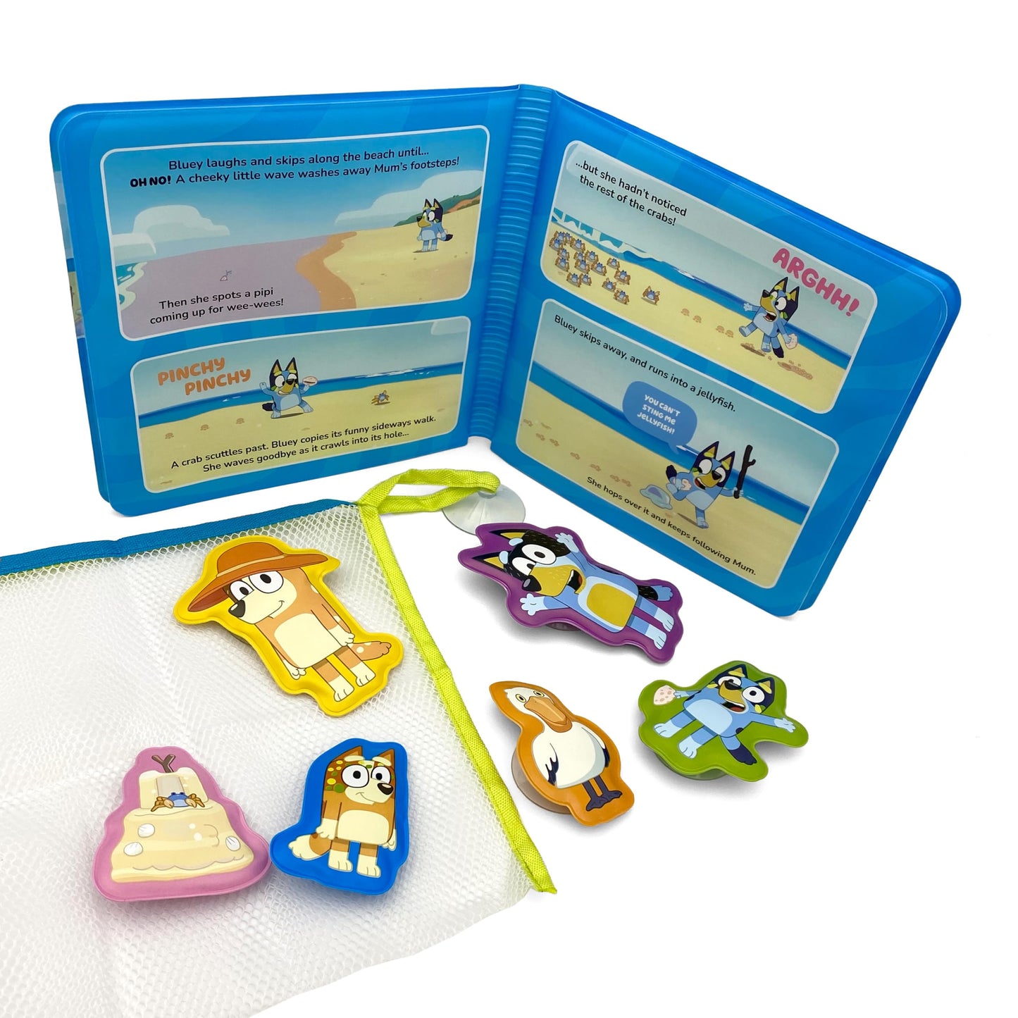 Bluey The Beach Bath Time Books - Activity Books for kids, Bath book, 6 Padded suction cups, 1 Mesh bag