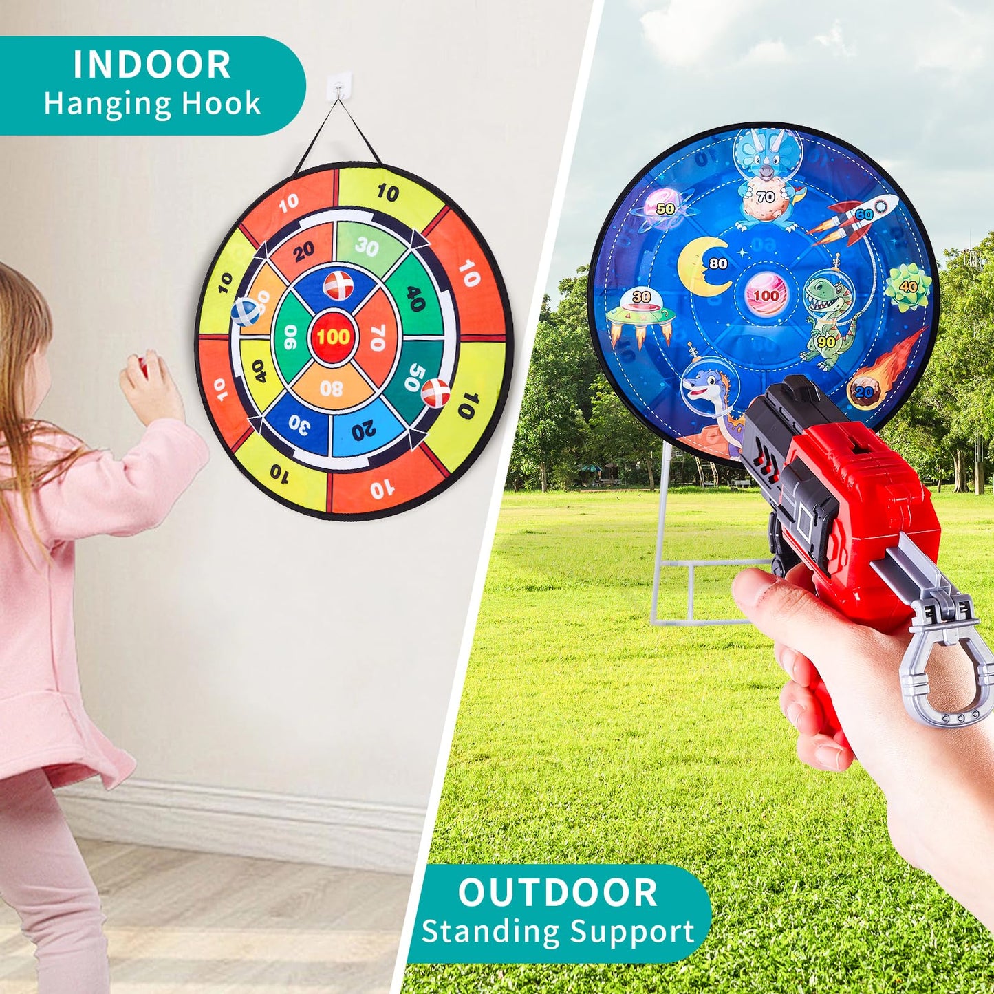 NAFONRU double-sided dart board garden game for kids, 29-inch standing and hanging dartboard with toy guns for indoor outdoor fun