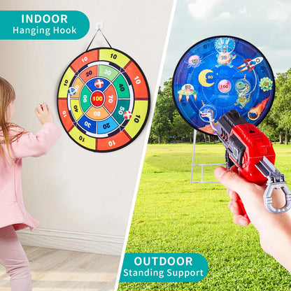 NAFONRU double-sided dart board garden game for kids, 29-inch standing and hanging dartboard with toy guns for indoor outdoor fun