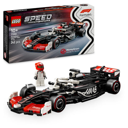 LEGO Speed Champions Haas F1 VF-24 race car model kit with collectible driver minifigure, ideal for motorsport fans.