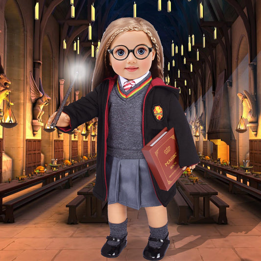 ebuddy Hermione Granger-inspired doll clothes set for American Girl dolls, featuring a 10pc Hogwarts uniform and magic book.