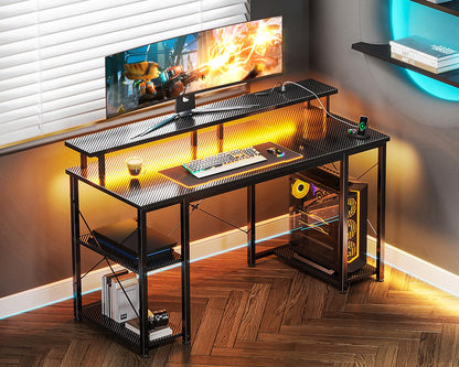 Coleshome Gaming Desk with LED Lights, 120x50 cm Computer desk with Power Outlets, Gaming PC Table with Monitor Stand, Storage Shelves, CPU Stand, Carbon Fiber Black