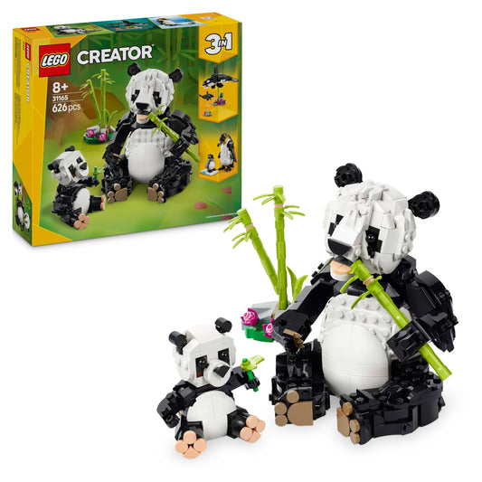 LEGO Creator 3in1 Wild Animals set featuring panda family, penguins, and orca whale, ideal for creative play.