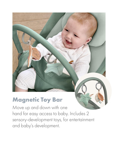 Mamas & Papas Tempo 3-in-1 baby rocker and bouncer with lightweight frame, 3-point harness, and removable magnetic toy bar in Ivy color.
