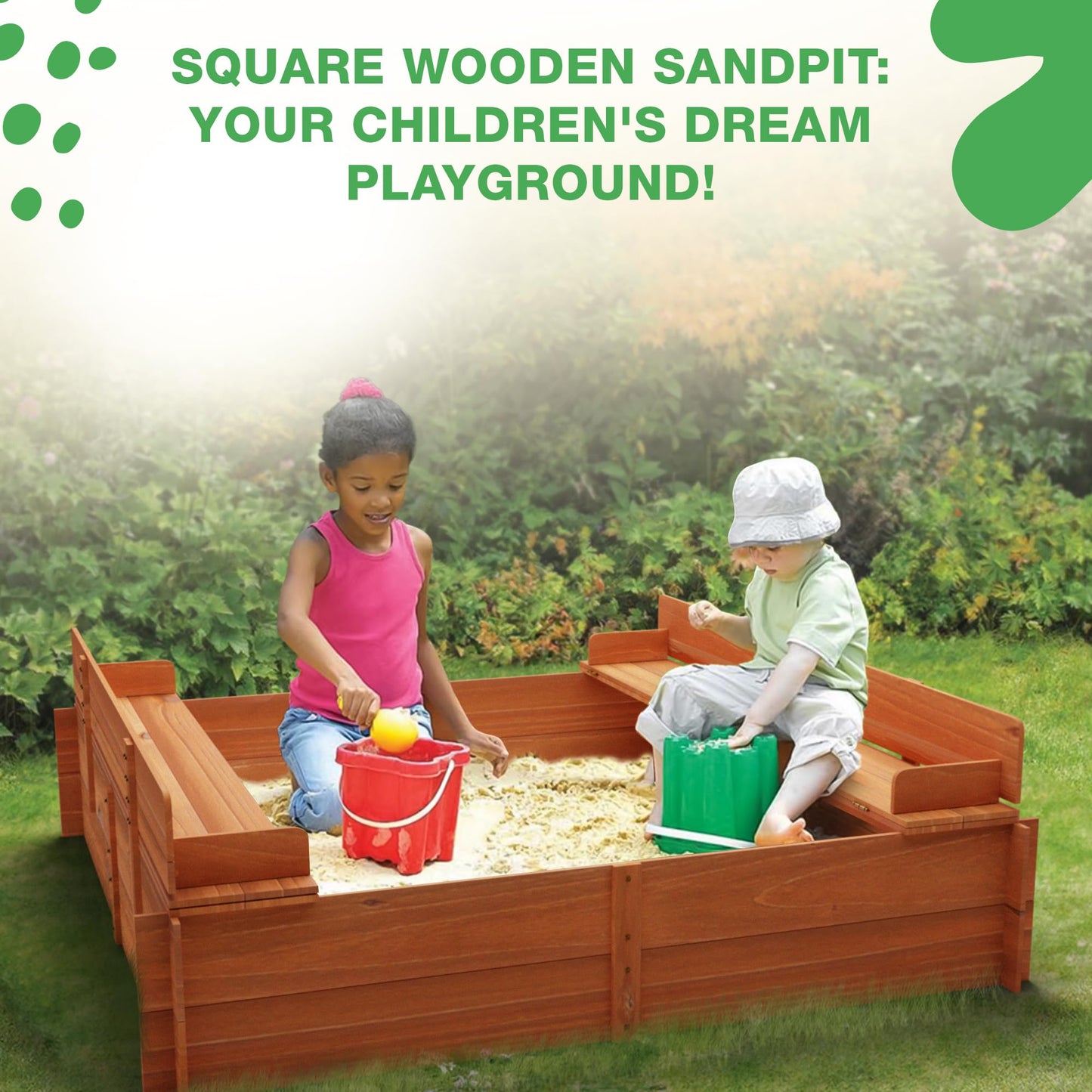 Big Game Hunters Sand Pit | 96 x 96 Square Wooden Sandpit with Lid | Outdoor Sandpit with Fold Out Lid that Becomes Seats for Children | Wooden Kids Toys