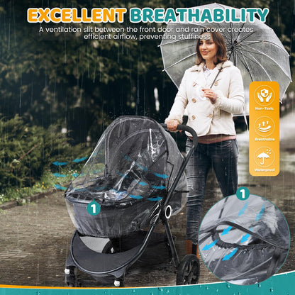 Transparent Orzbow universal rain cover for pushchair with window, breathable durable EVA material, quick install for pram protection.