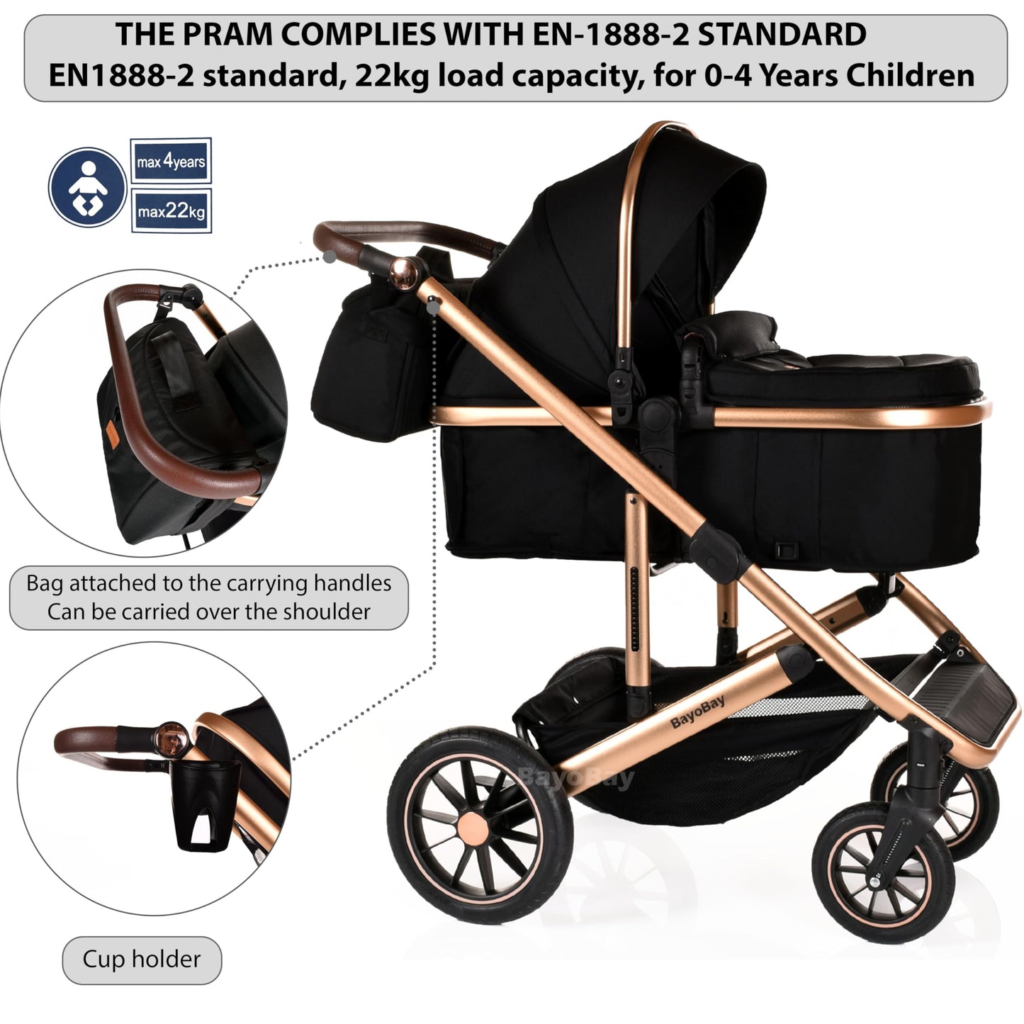 3 in 1 Travel System Baby Pram Buggy with Car Seat Pushchair Carriage Child Lightweight Folding Stroller for Newborns Toddlers from Birth up to 22kg New 2025 Style (BB1 - Black Gold, BB1)