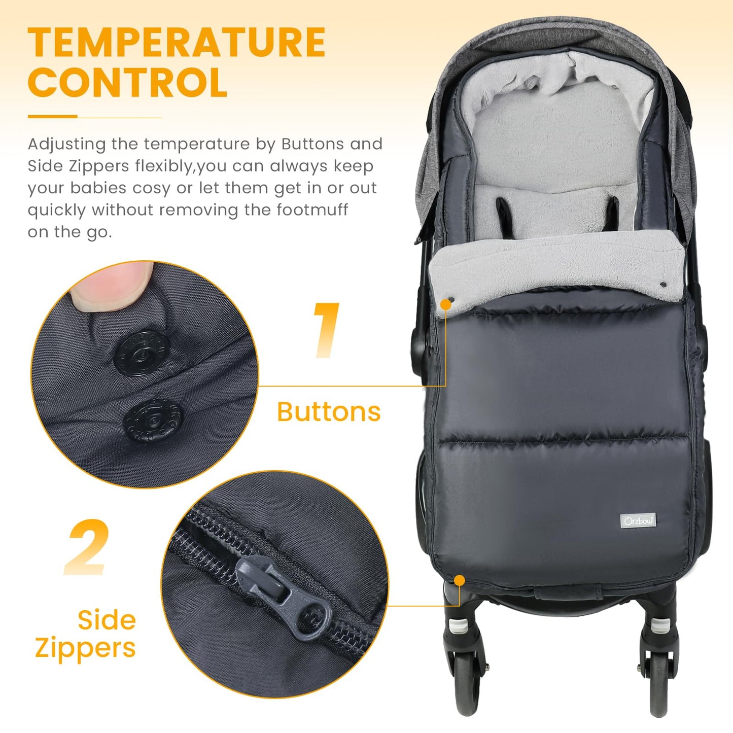 Dark grey Orzbow winter footmuff for pushchair, adjustable, cozy, with zip, buttons, drawstring bag, suitable for stroller and buggy.