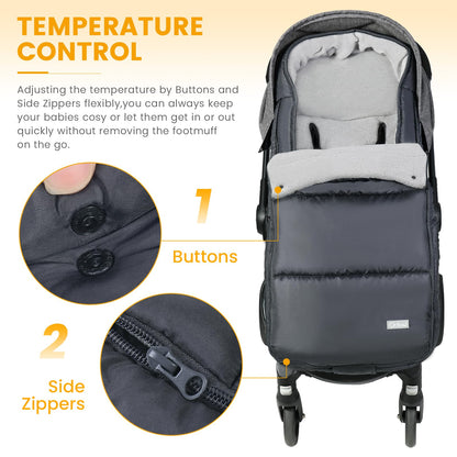 Dark grey Orzbow winter footmuff for pushchair, adjustable, cozy, with zip, buttons, drawstring bag, suitable for stroller and buggy.