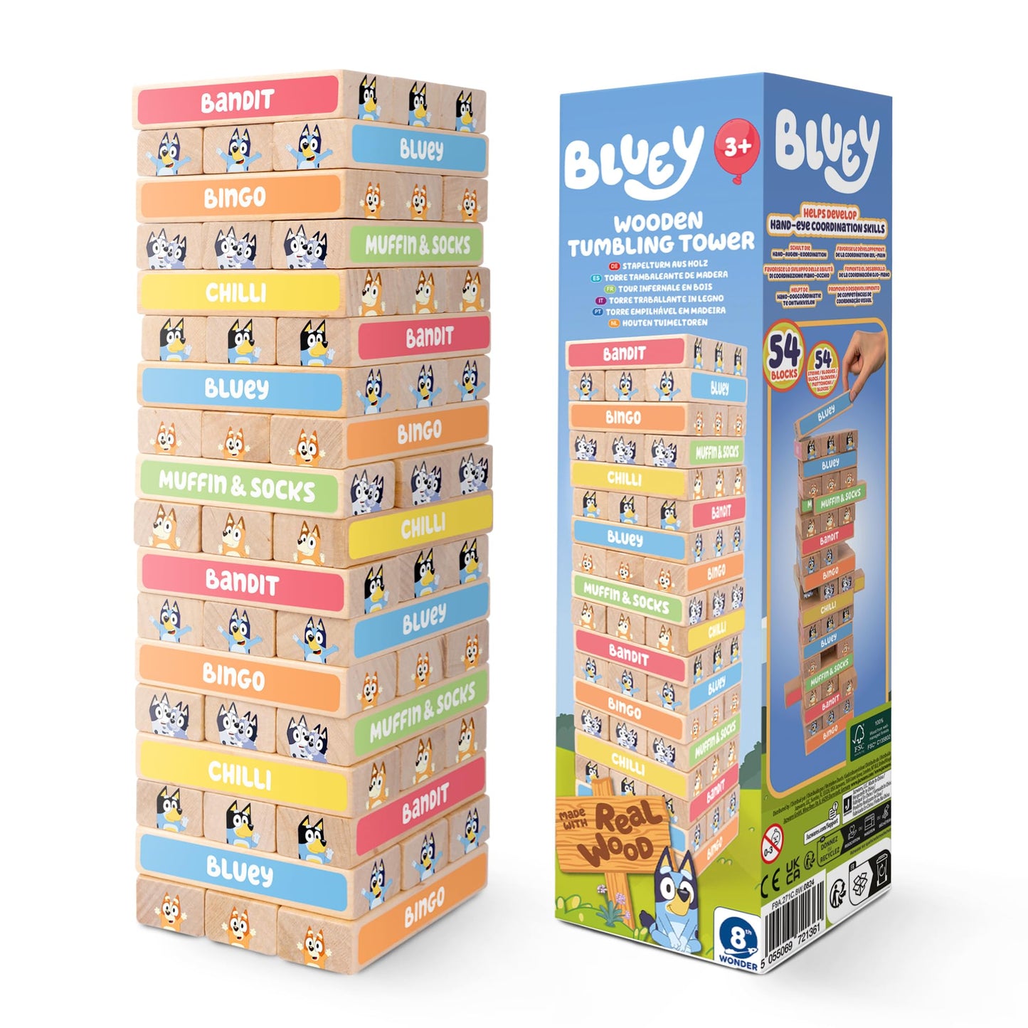 Bluey Tumbling Tower Game - 54 Colourful FSC-Certified Wooden Blocks, Hand-Eye Coordination & Motor Skills Family Game, Eco-Friendly Fun for Kids Aged 3+, Durable & Non-Toxic