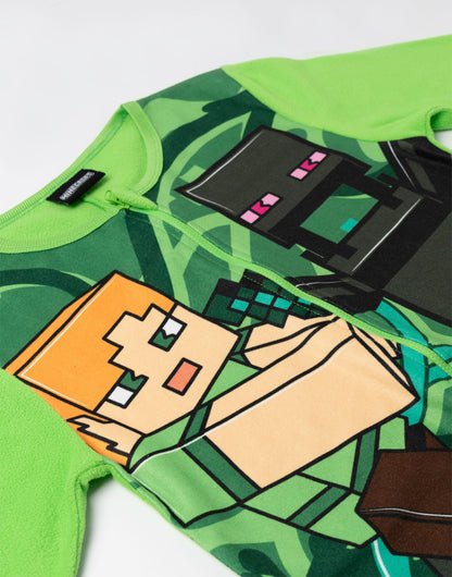 Minecraft Creeper Boys Green Zip-Up Onesie | Long Sleeve Microfleece Sleepwear with Steve & Enderman Print | Kids Gamer Nightwear | Ideal for Bedtime & Lounging Merch - 9-10 Years