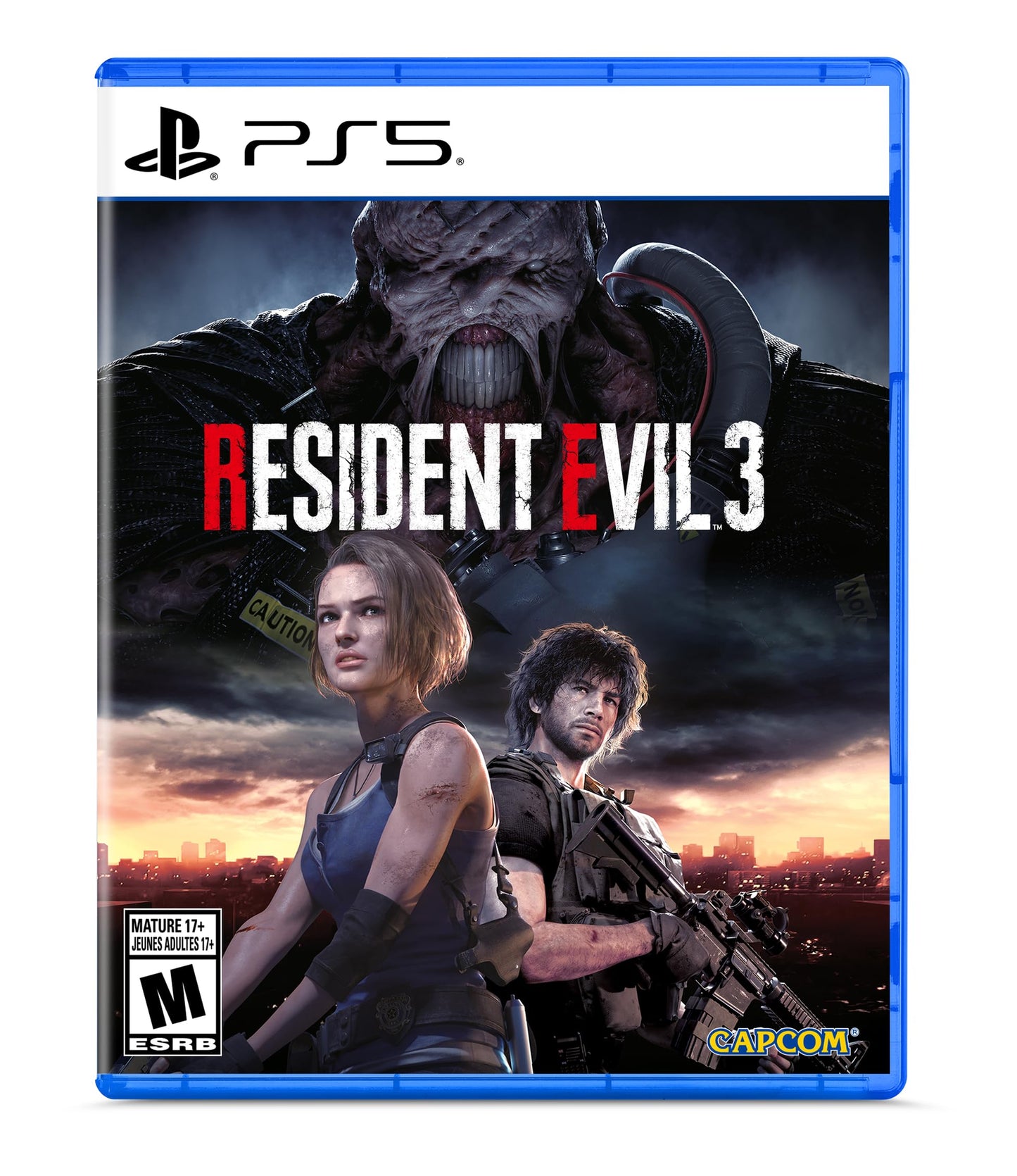 Resident Evil 3 PlayStation 5 game case with artwork featuring Jill Valentine and Nemesis, published by Capcom.