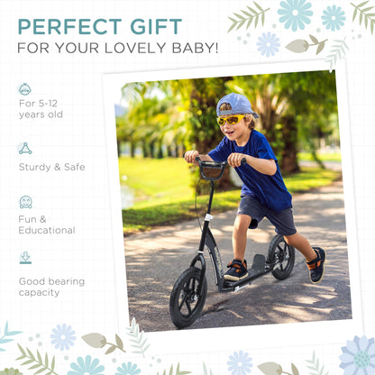 HOMCOM kids scooter with adjustable handlebar, 12" EVA tyres, rear brake, designed for ages 5-12, in black color.