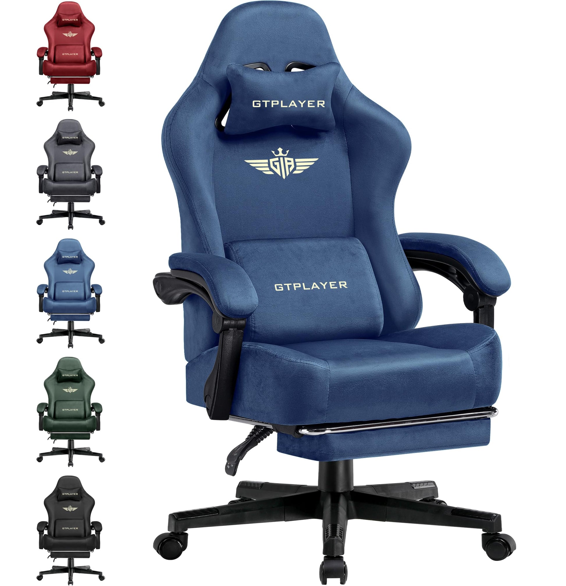 GTPLAYER gaming chair with breathable fabric, ergonomic design, blue color, adjustable backrest, and extendable footrest.