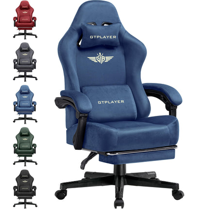 GTPLAYER gaming chair with breathable fabric, ergonomic design, blue color, adjustable backrest, and extendable footrest.