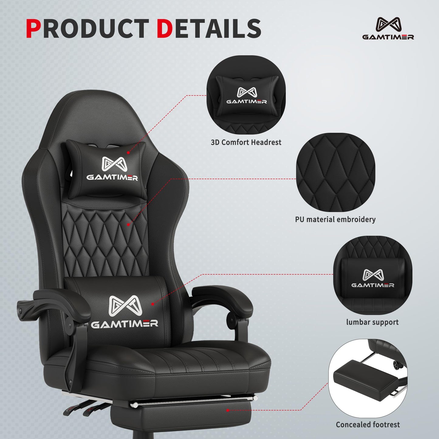 Gamtimer Gaming Chair with Footrest, Ergonomic Computer Chair, PU Breathable Material with Headrest and Lumbar Support, Suitable for Silla Gamer and Adults(BLACK)