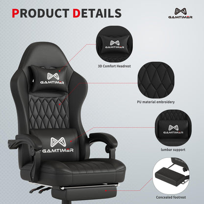 Gamtimer Gaming Chair with Footrest, Ergonomic Computer Chair, PU Breathable Material with Headrest and Lumbar Support, Suitable for Silla Gamer and Adults(BLACK)