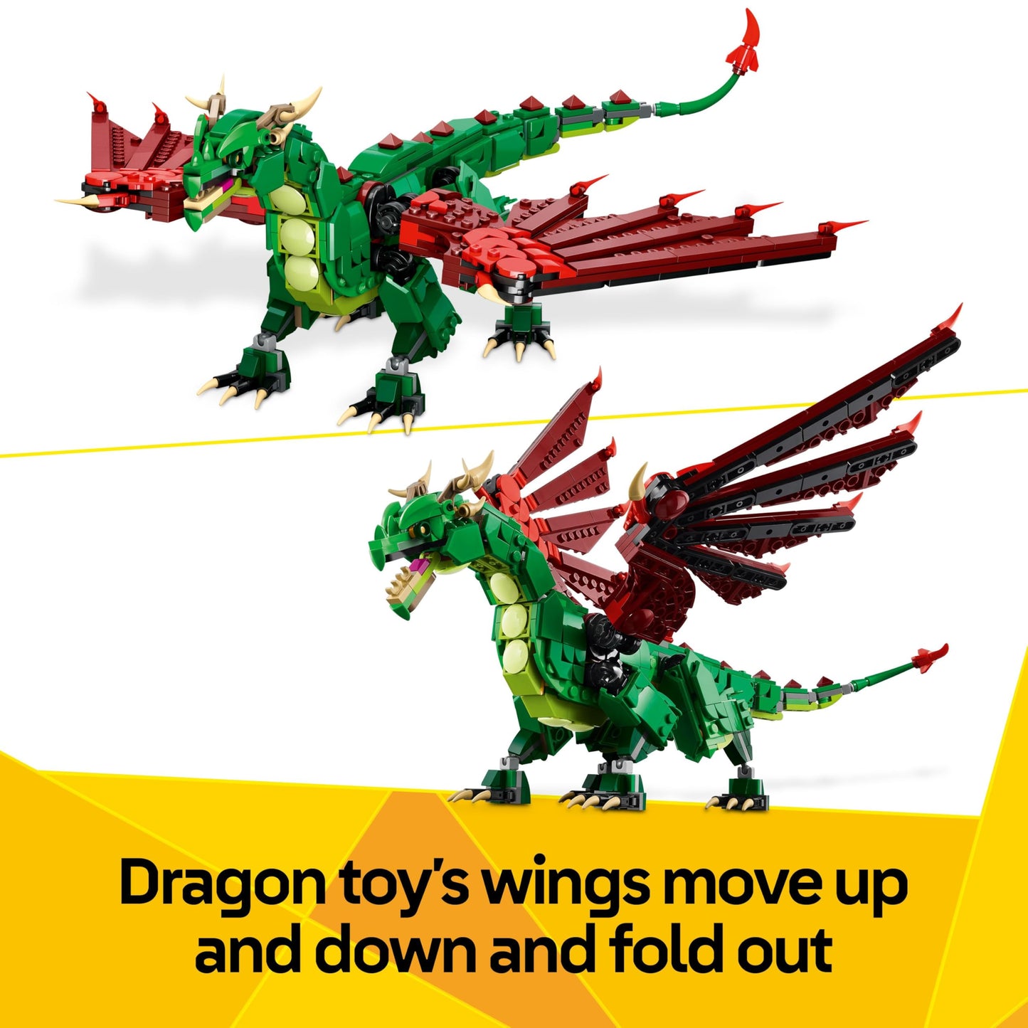LEGO Creator 3in1 Medieval Dragon set, featuring dragon, sea serpent, and phoenix builds for kids aged 9 and up.