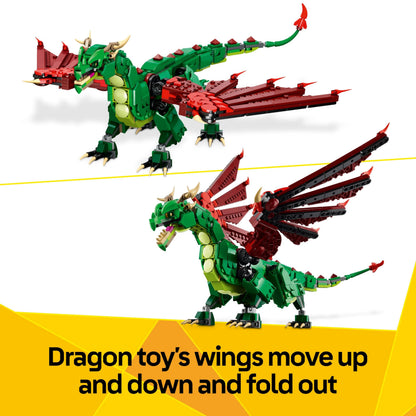 LEGO Creator 3in1 Medieval Dragon set, featuring dragon, sea serpent, and phoenix builds for kids aged 9 and up.