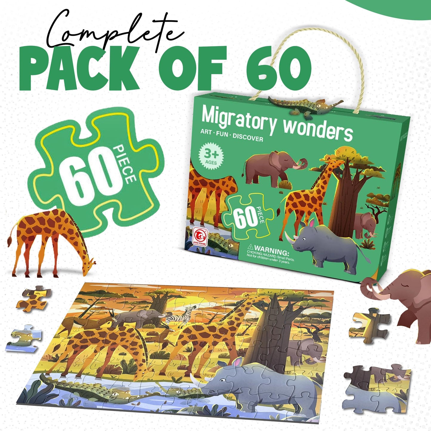 Safari Puzzle for Kids Ages 3–8 – 60-Piece Montessori Floor Puzzle for Boys & Girls | Travel Toy, Toddler Learning Game & Gift for 3 4 5 Year Olds | Migratory Wonders Jigsaw