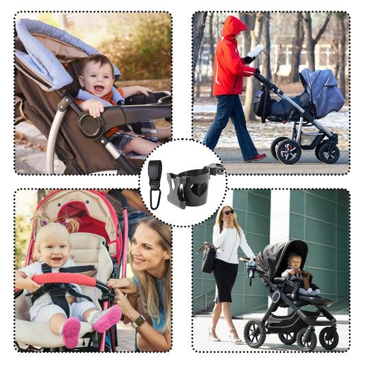 Black pram cup holder by BAGUBDR with phone holder, suitable for strollers, buggies, bikes, and pushchairs, holding cups and beverages.