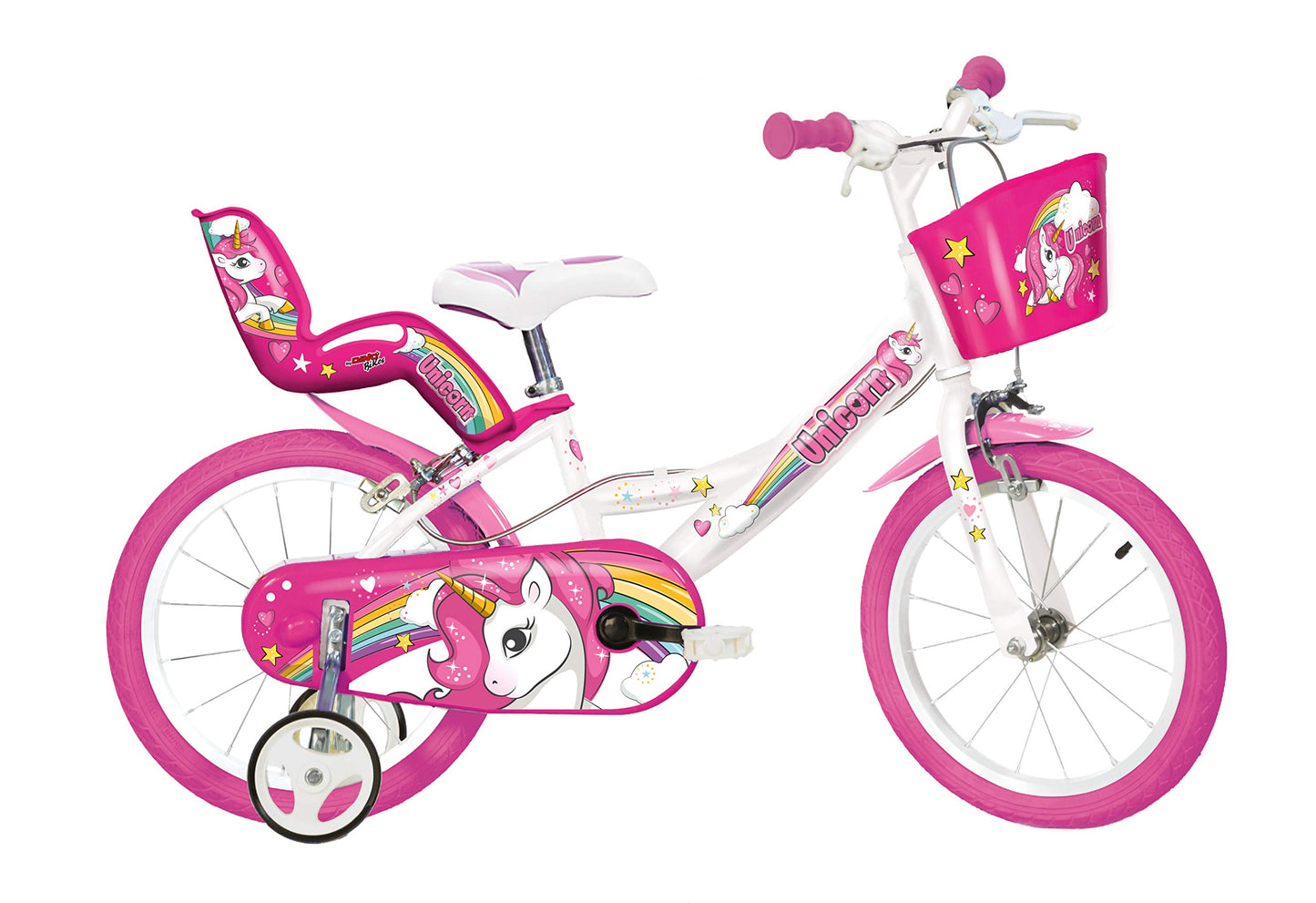 Dino Bikes 16-inch girls' unicorn kids bike in white and pink with doll seat, basket, and stabilizers on a white background.