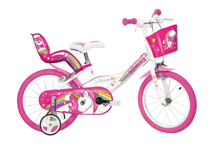 Dino Bikes 16-inch girls' unicorn kids bike in white and pink with doll seat, basket, and stabilizers on a white background.