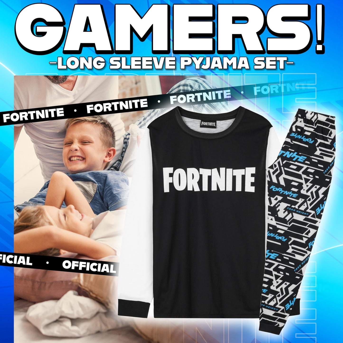 Get Trend Fortnite Boys Pyjamas Set, Long PJs for Kids & Teenagers, Cosy Loungewear Soft Nightwear, Gamer Gifts for Boys (15-16 Years, Blue/White Fortnite)