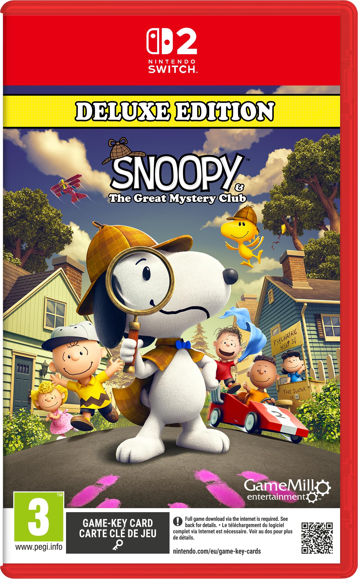 Nintendo Switch game case for Snoopy & The Great Mystery Club Deluxe Edition by Game Mill featuring Snoopy and friends.