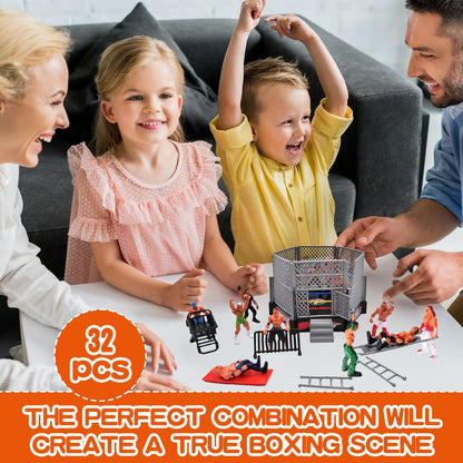 MyrkalaToy 32 Pieces Wrestling Toys Set - 12 Mini Wrestlers Action Figures With 20 Realistic Accessories - Gifts for Boys and Girls