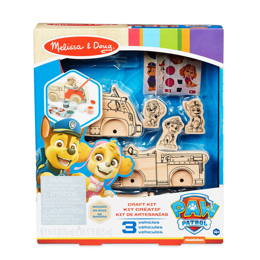 Melissa & Doug PAW Patrol Wooden Vehicles Craft Kit – 3 Decorate Your Own Vehicles with Paint & Stickers – Includes Chase, Marshall & Skye Play Figures – Creative Toy for Kids Age 4+