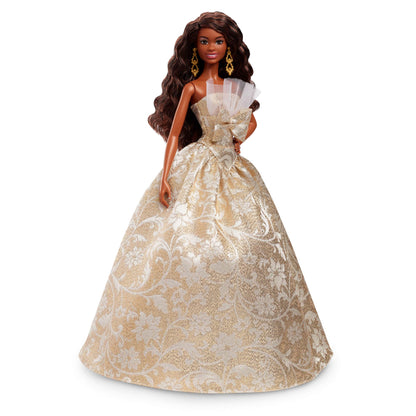 Barbie Signature 2025 Holiday Black Hair Fashion Doll in silver and gold gown, displayed in collectible packaging.
