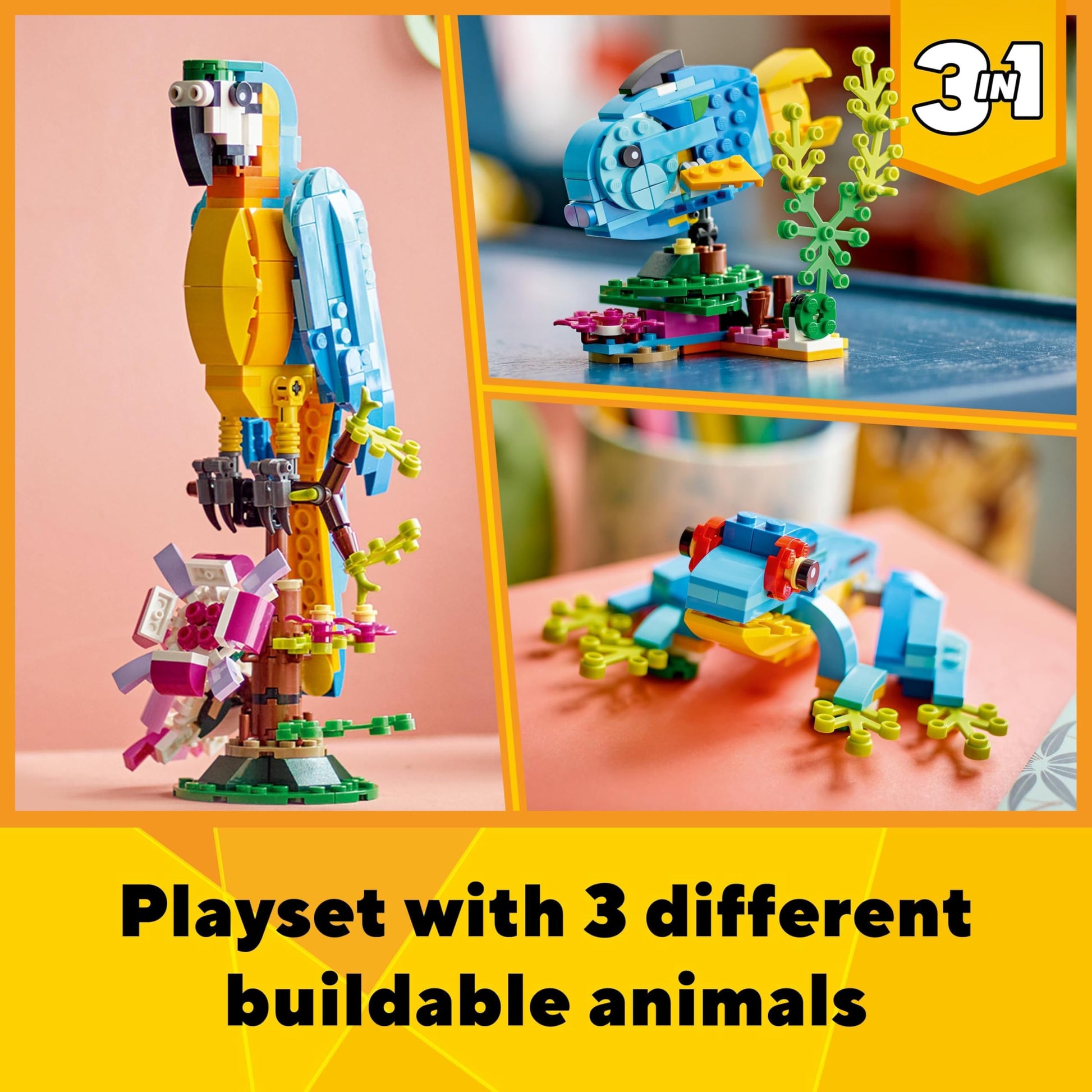 LEGO Creator 3 in 1 set featuring an exotic parrot, frog, and fish animal figures for creative building fun.