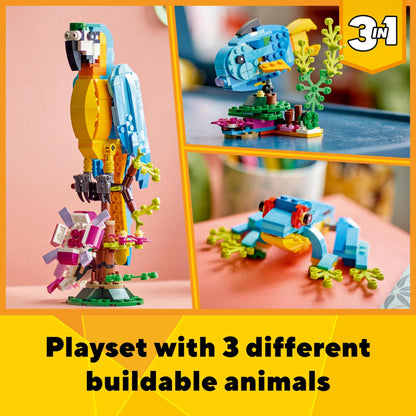 LEGO Creator 3 in 1 set featuring an exotic parrot, frog, and fish animal figures for creative building fun.
