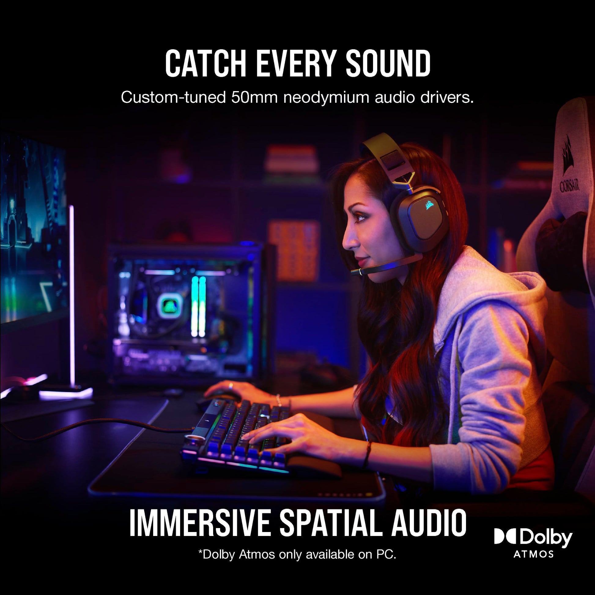Corsair HS80 RGB wireless gaming headset with Dolby Atmos, omni-directional mic, iCUE compatible, in carbon color.