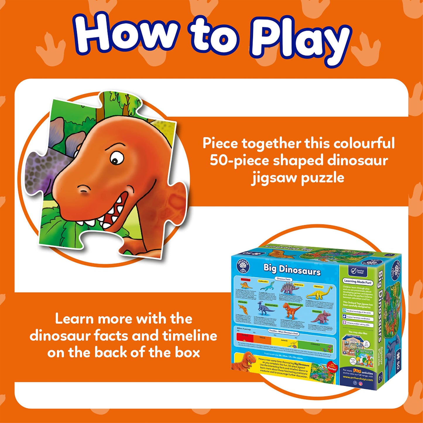 Orchard Toys Big Dinosaurs Jigsaw Puzzle for Kids - Large, 50-Piece, Dinosaur Floor Puzzles for 4+ Year Olds - Giant Games and Educational Toys for Children, Toddlers, Boys and Girls - 58 x 40 cm