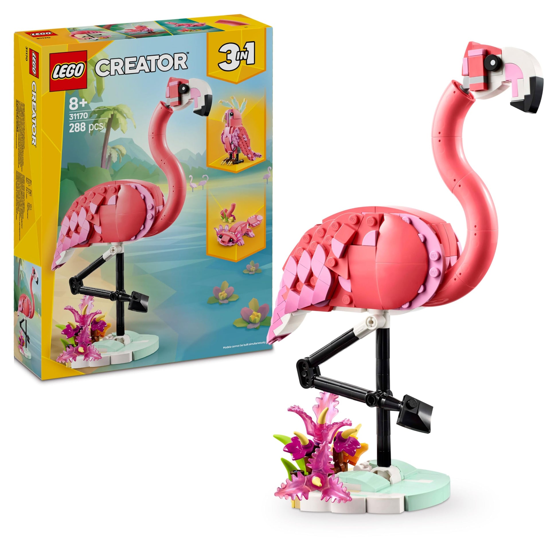 LEGO Creator 3in1 Wild Animals set featuring a pink flamingo, cockatoo parrot, and axolotl toys for creative play.