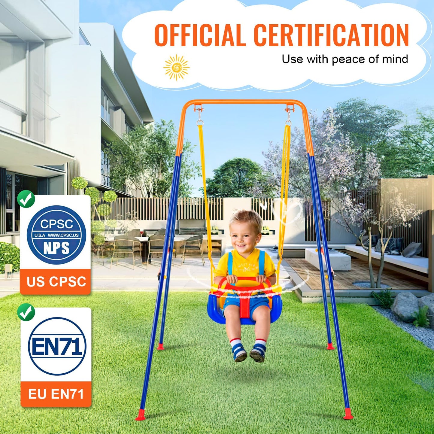 VEVOR Swing Sets for Backyard, 3-in-1 Toddler Swing Set with 4 Sandbags, Foldable Metal Stand, Easy to Assemble, Swingset Indoor/Outdoor for Kids Aged 3+