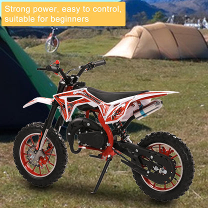 Loqifox 49cc kids dirt bike with off-road tires, dual disc brakes, gas-powered mini motorcycle for children ages 8-12.