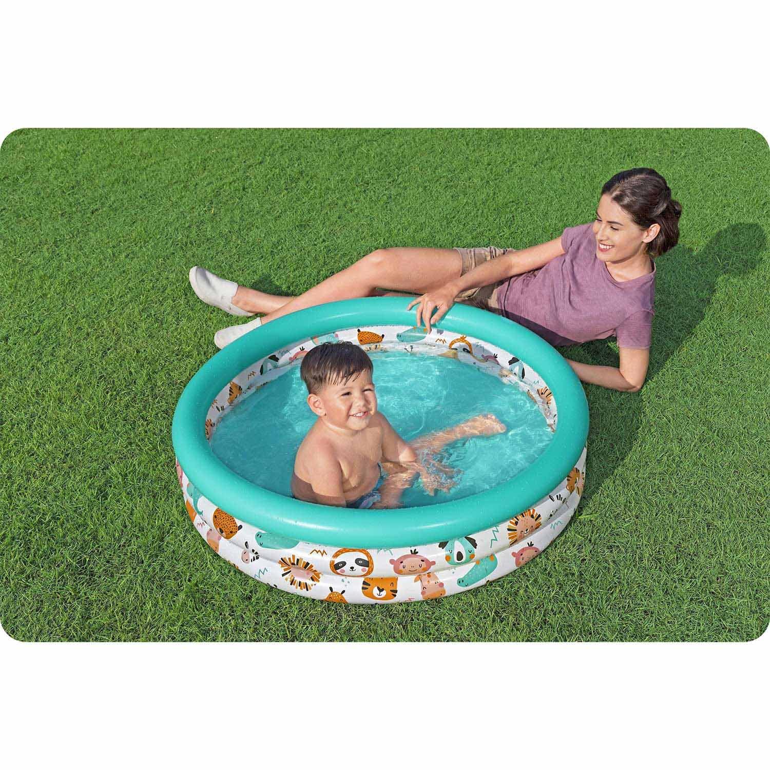 Bestway Safari Pals inflatable paddling pool for kids, featuring colorful animal designs and a spacious play area.