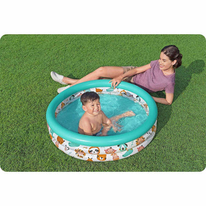 Bestway Safari Pals inflatable paddling pool for kids, featuring colorful animal designs and a spacious play area.