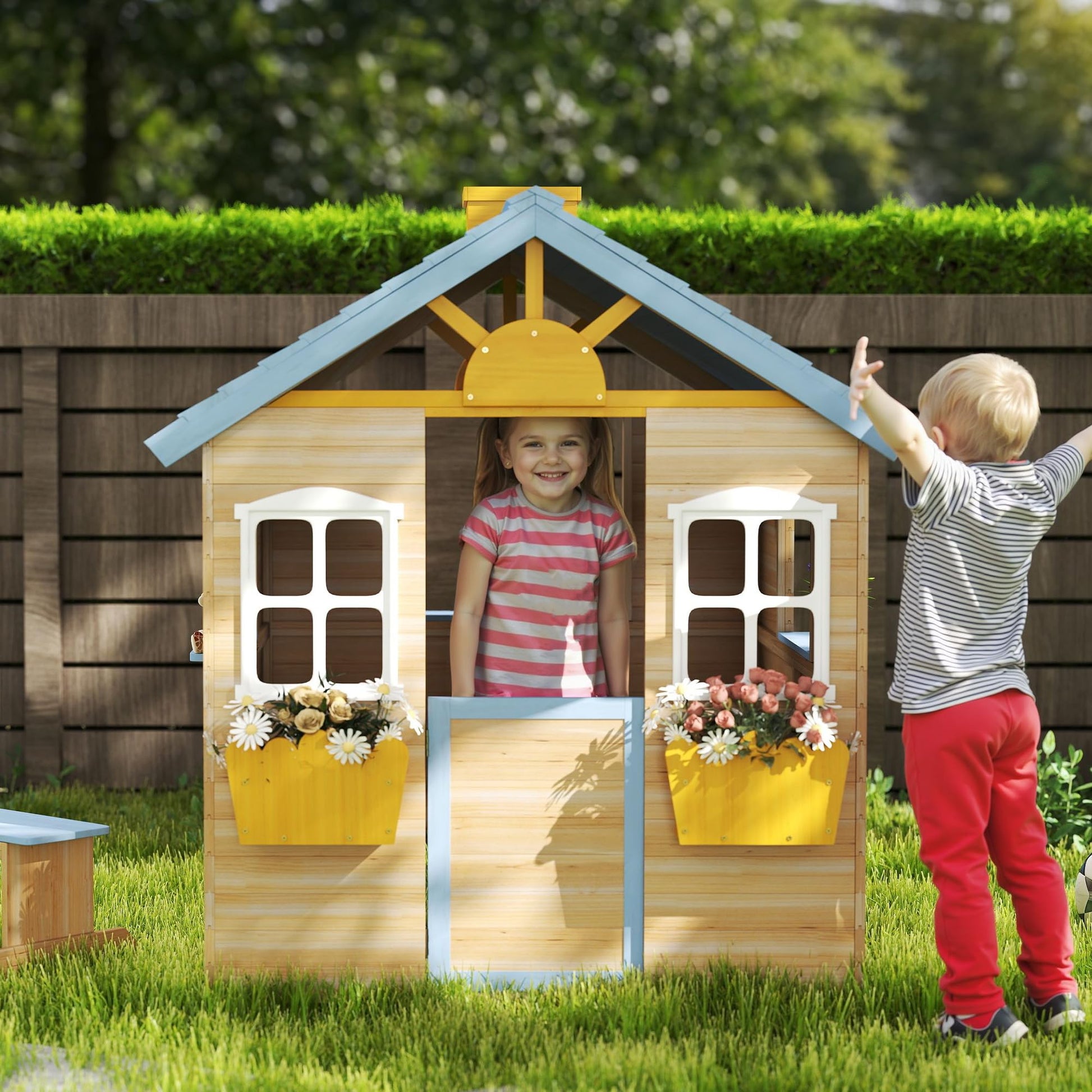 Outsunny wooden kids' playhouse with blue exterior, picnic bench, door, windows, flower pot, and pretend play features for ages 3-7.