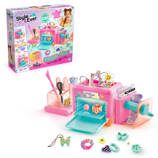 Canal Toys Style 4 Ever Magic Clay Jewellery Factory kit with machine, clay, and accessories for creating rings, bracelets, and charms.