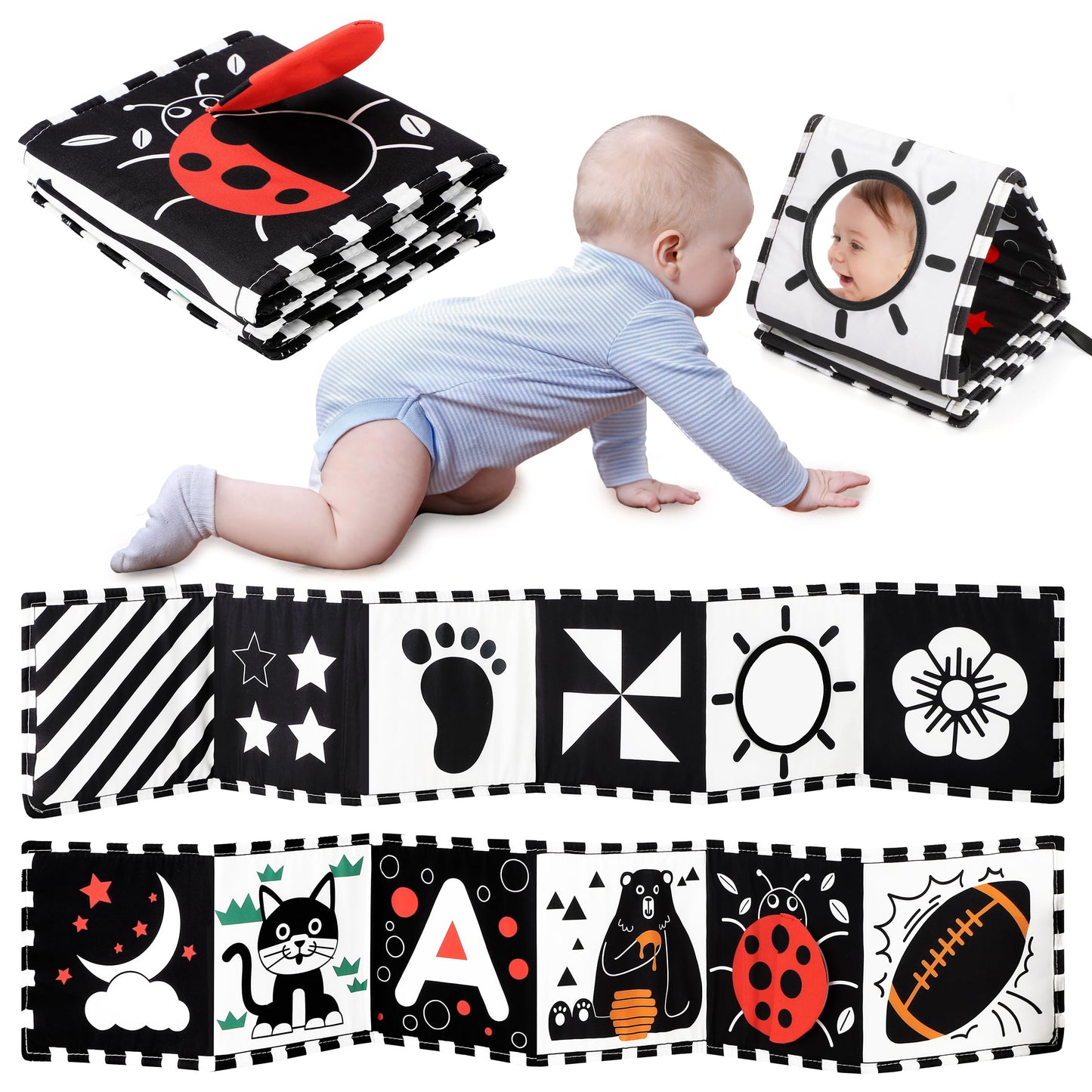 URMYWO black and white sensory baby toys, soft tummy time book for brain development, ideal for newborns 0-6 months.