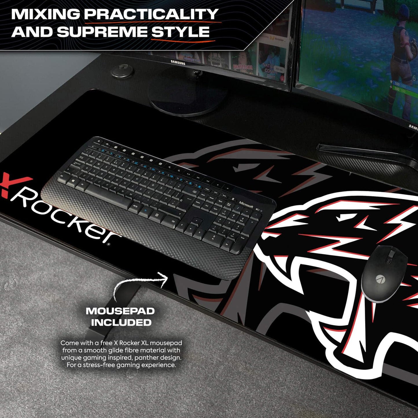 X-Rocker Panther XL 155cm x 108cm, L-Shaped Gaming Desk - Reversible Corner Design, Large Dual Monitor, Sturdy Metal Frame for Adults & Kids - Carbon Black - Mouse Mat Included