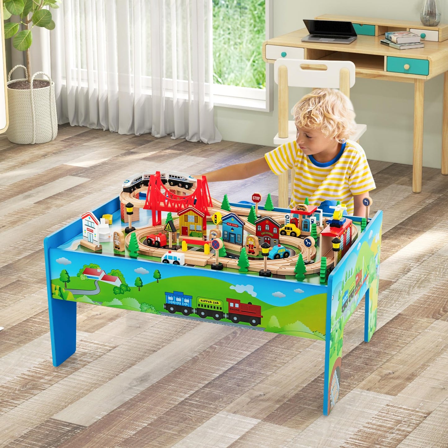 COSTWAY Train Track Set and Table, Wood Kids Play Tables with Abundant Accessories, DIY Railway Activity Playset for Boys Girls