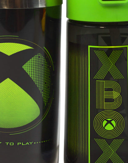 Xbox water bottle and travel mug gift set with black and green stainless steel cups, 18oz sports drink bottle and 14oz flask
